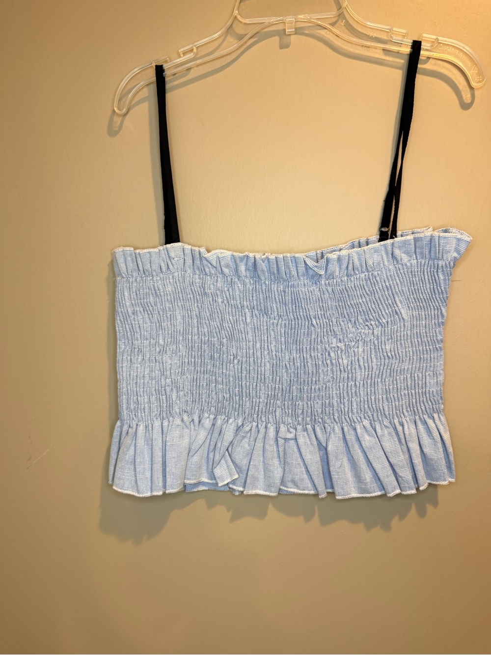 English Factory Light Blue Smocked Ruffle Crop Camisole with Black Straps